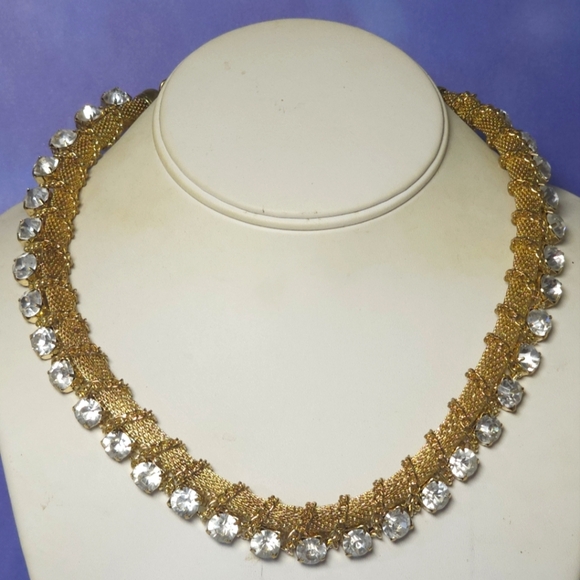 Gold Tone & Rhinestone Statement Mesh and Chain Necklace - Picture 1 of 10